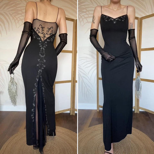 Black Vintage Dave & Johnny Floral embroidered Gown UK 12