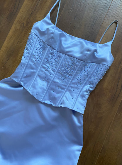 Hilary Morgan dusky blue evening dress & bag UK 10