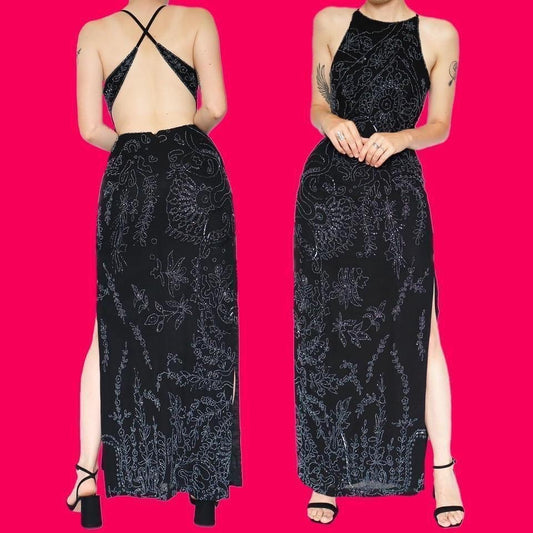 Black heavily beaded evening dress UK 12
