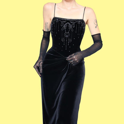 Black velvet Dave & Johnny beaded evening dress UK 14