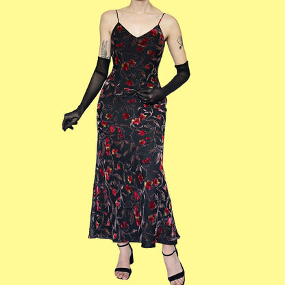 Black floral velvet devore slip dress UK 10
