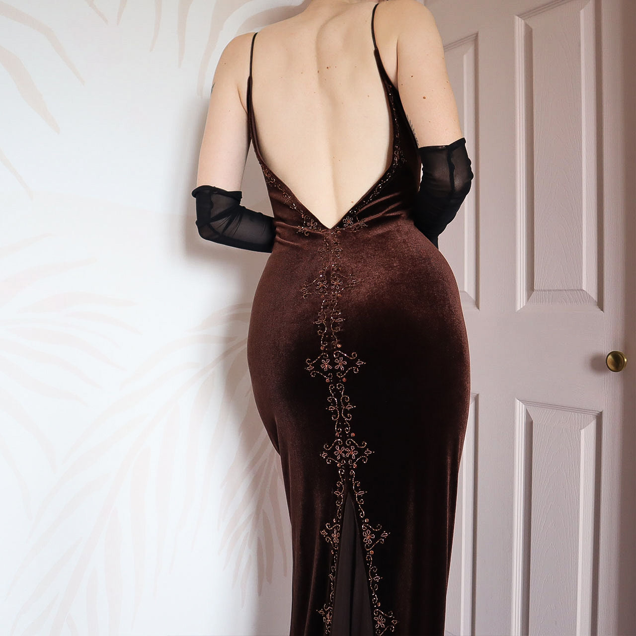 Brown velvet beaded Dave & Johnny evening gown UK 16