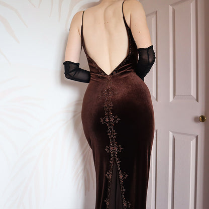 Brown velvet beaded Dave & Johnny evening gown UK 16