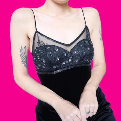 Black Dave & Johnny velvet beaded stretch evening dress UK 14