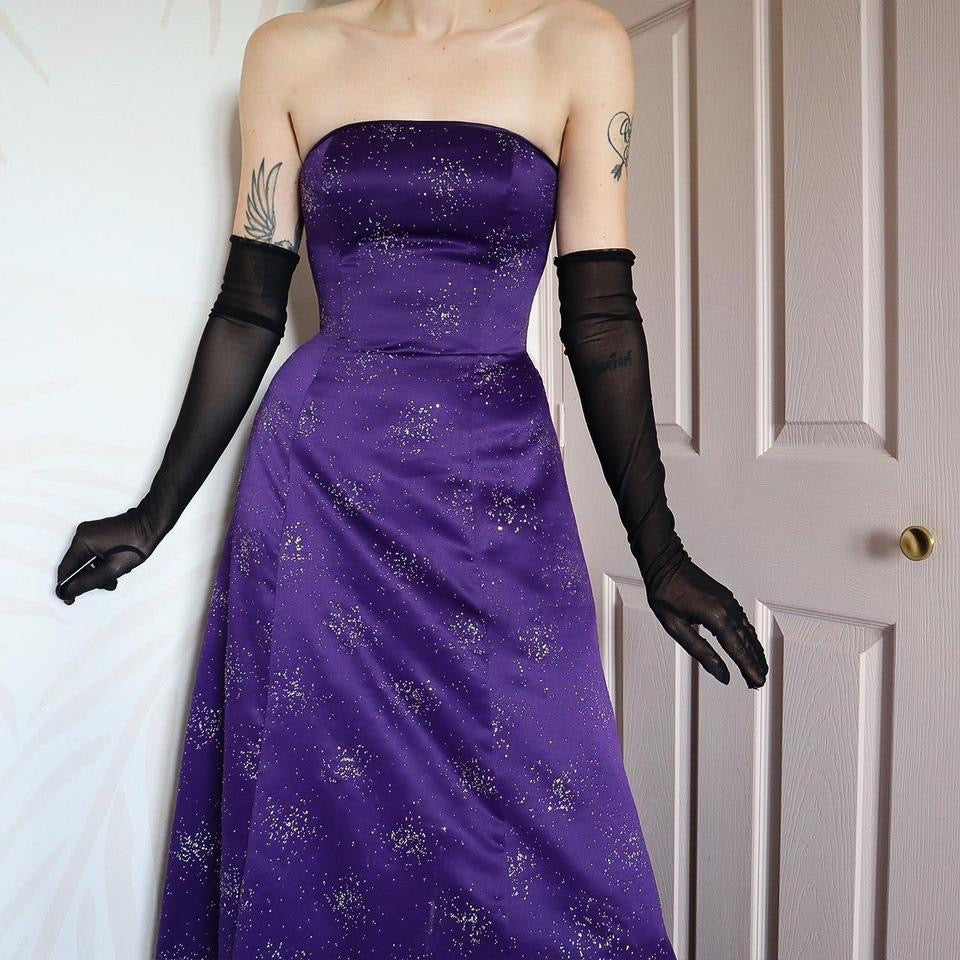 Purple Morgan & Co glittery strapless evening gown UK 10