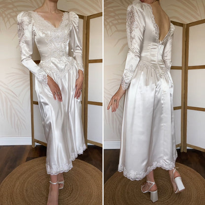 Ivory 80s satin long sleeve midi dress uk 8