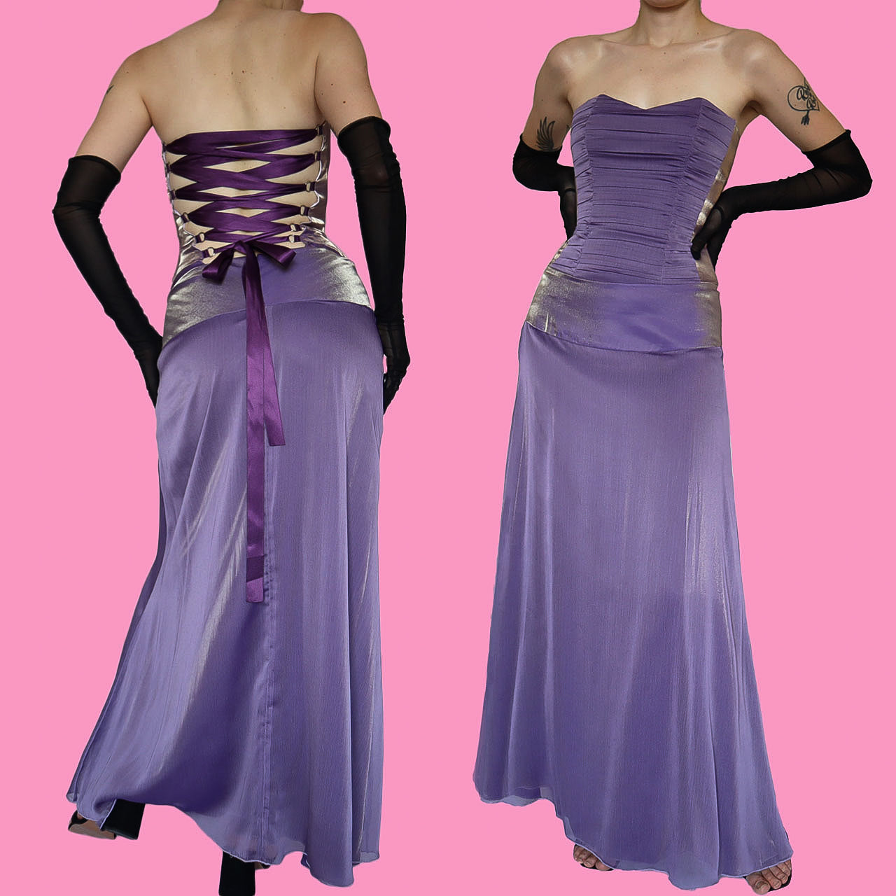 Purple strapless Charas lace up evening gown UK 6/8