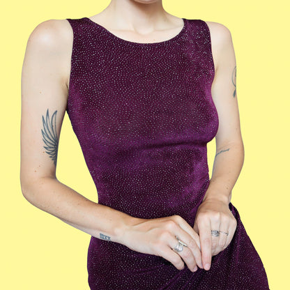 Plum glittery stretch bodycon evening dress UK 12