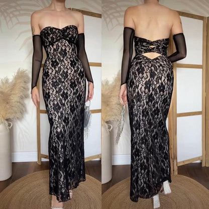 Black lace strapless stretchy evening dress uk 10