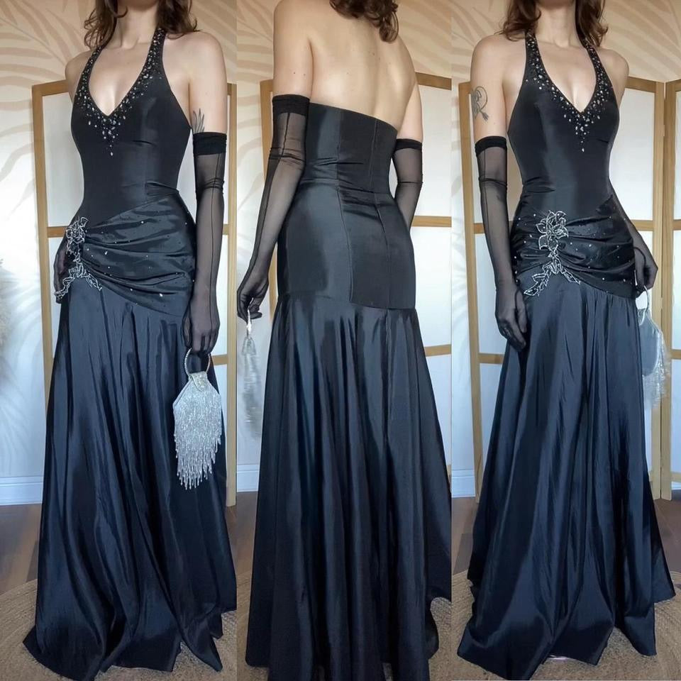 Black Jora halter-neck fit & flare prom dress uk 12