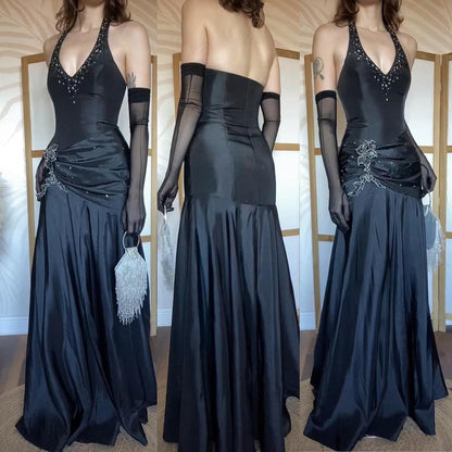 Black Jora halter-neck fit & flare prom dress uk 12