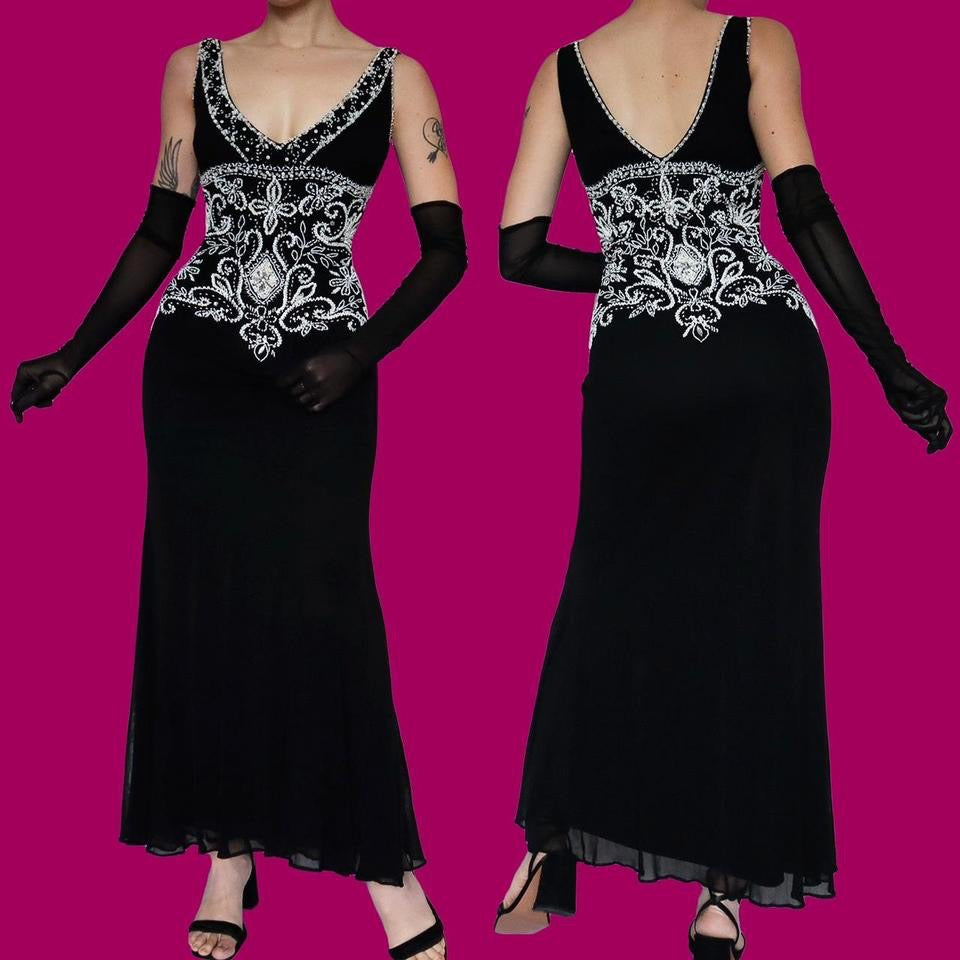 Black stretch beaded evening gown UK 12