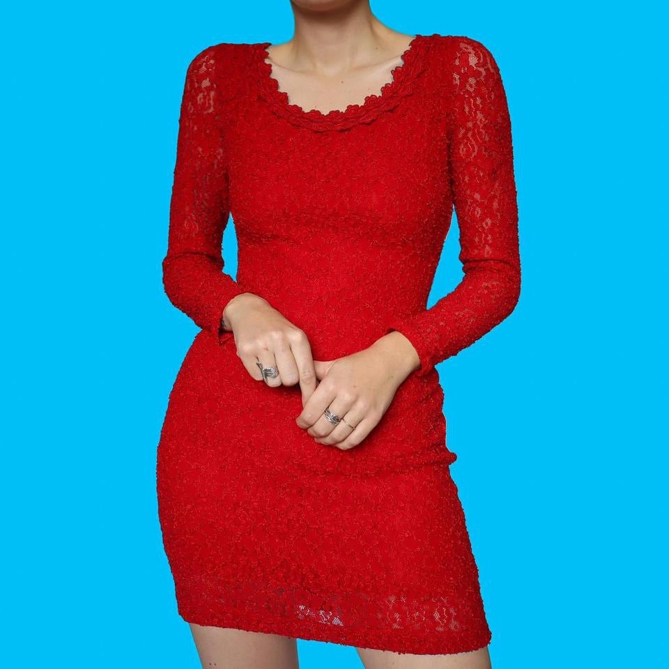 Red lace long sleeve stretch party dress UK 10