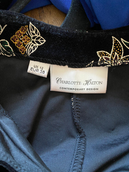Black velvet short sleeve evening dress UK 12
