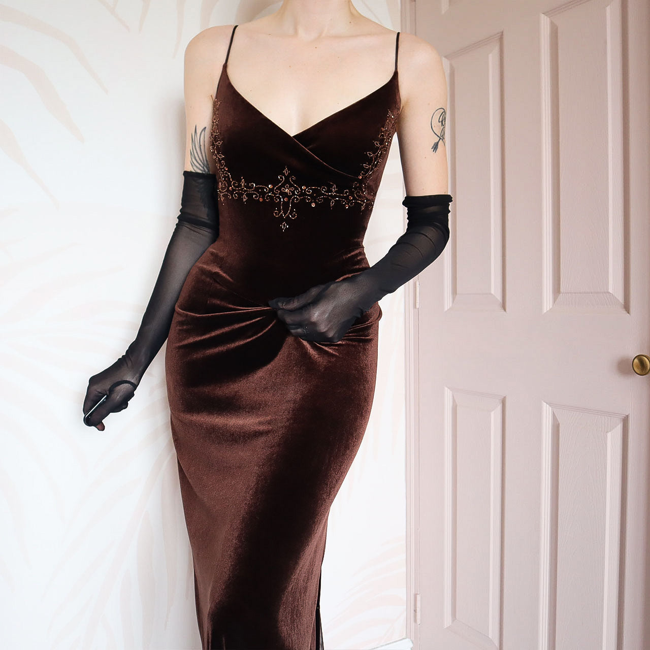 Brown velvet beaded Dave & Johnny evening gown UK 16