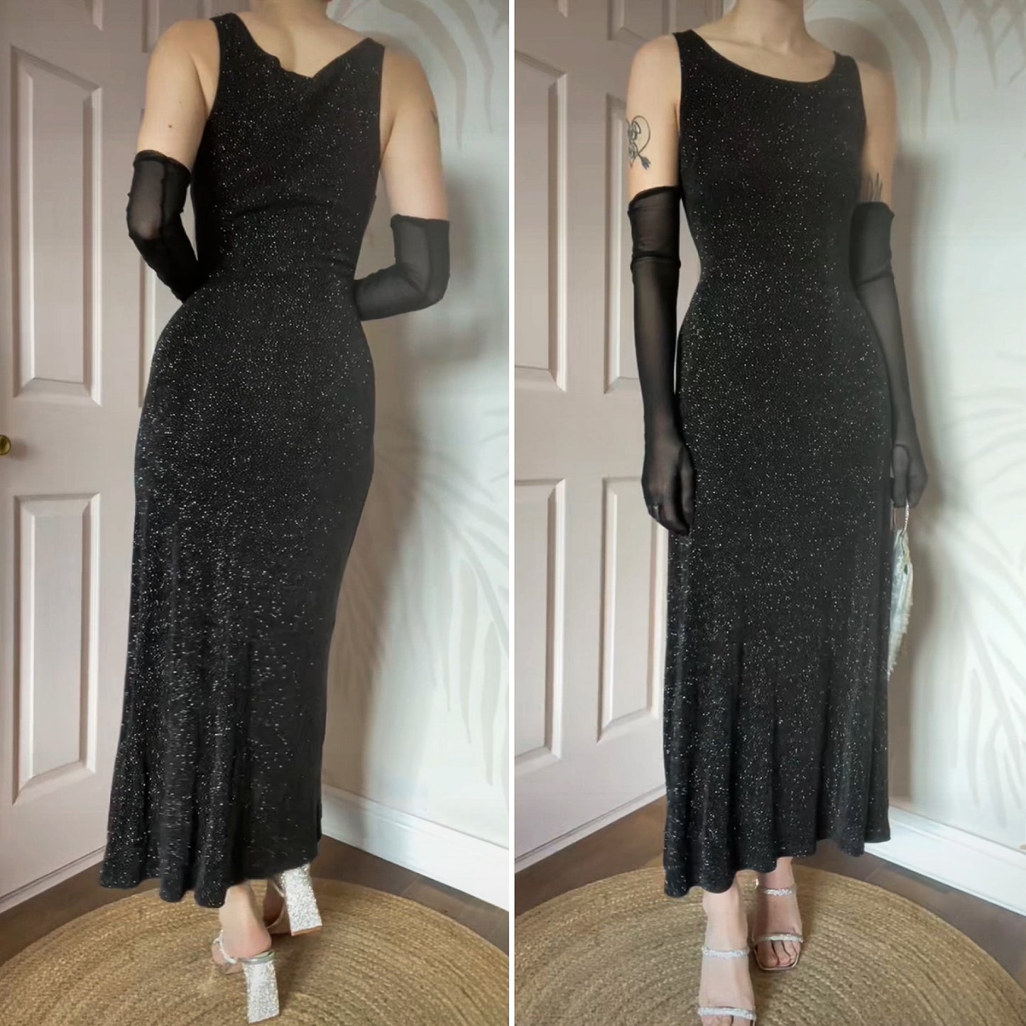Black glittery stretch 90s evening dress UK 12