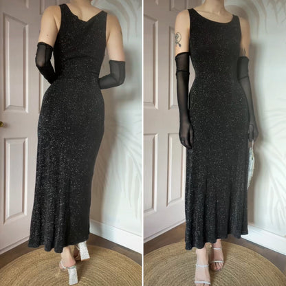 Black glittery stretch 90s evening dress UK 12