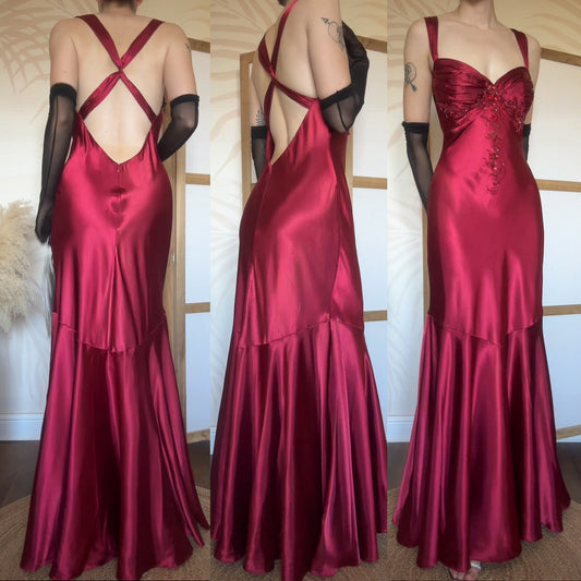 Red satin fishtail prom dress uk 12