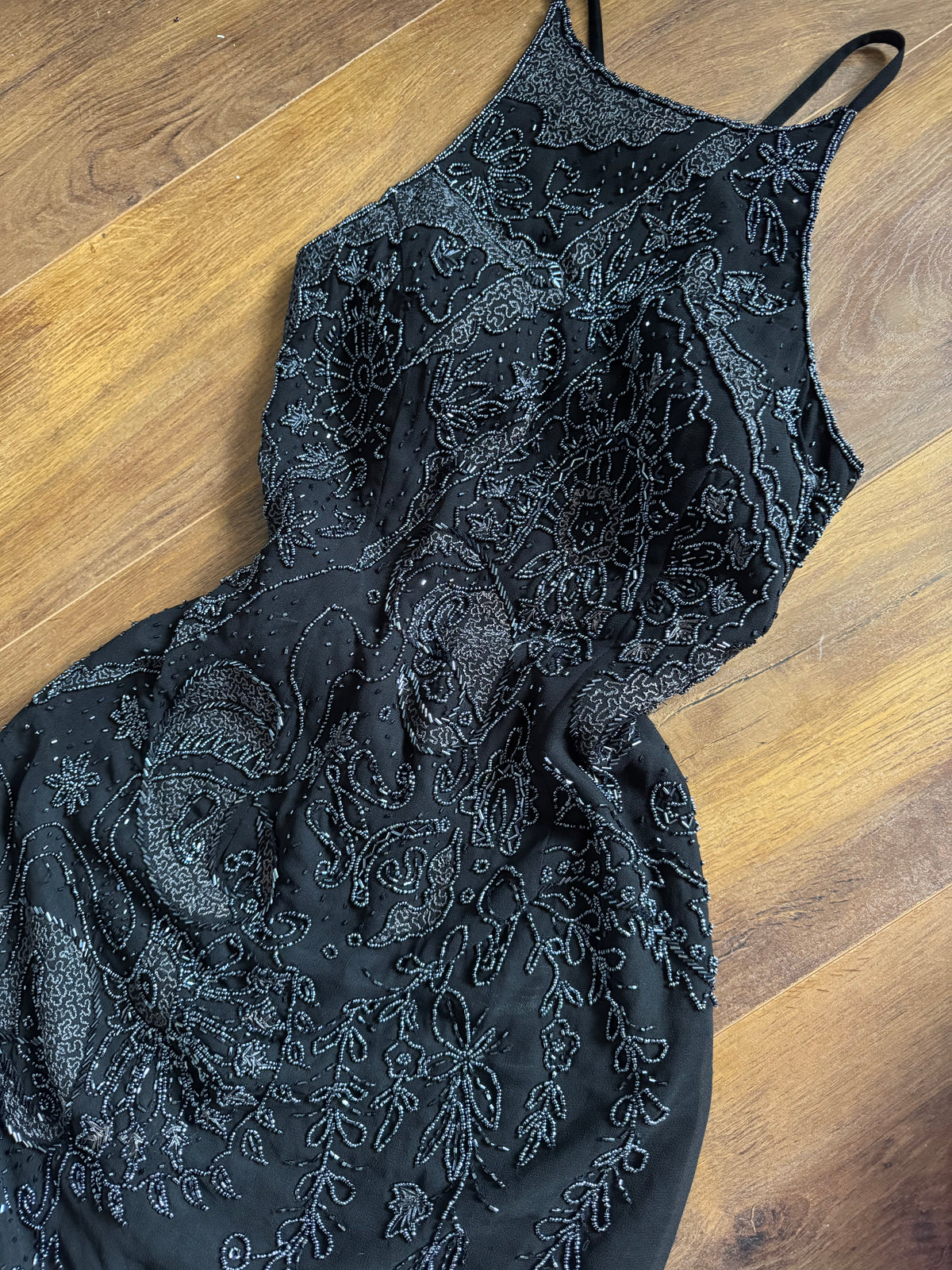 Black beaded open back evening dress uk 10