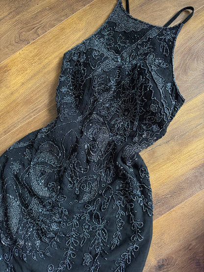 Black beaded open back evening dress uk 10
