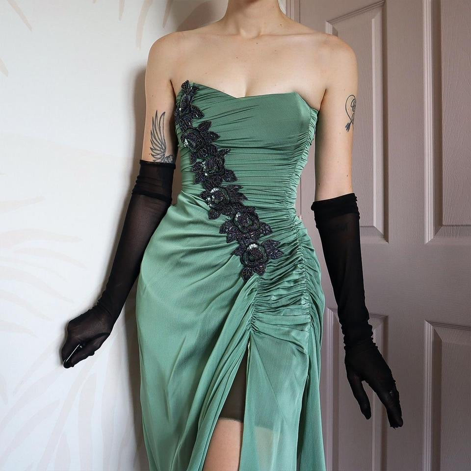 Green Charas Strapless Lace Up Midi Dress UK 10