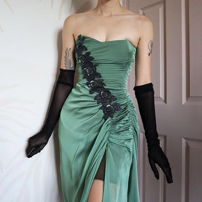 Green Charas Strapless Lace Up Midi Dress UK 10