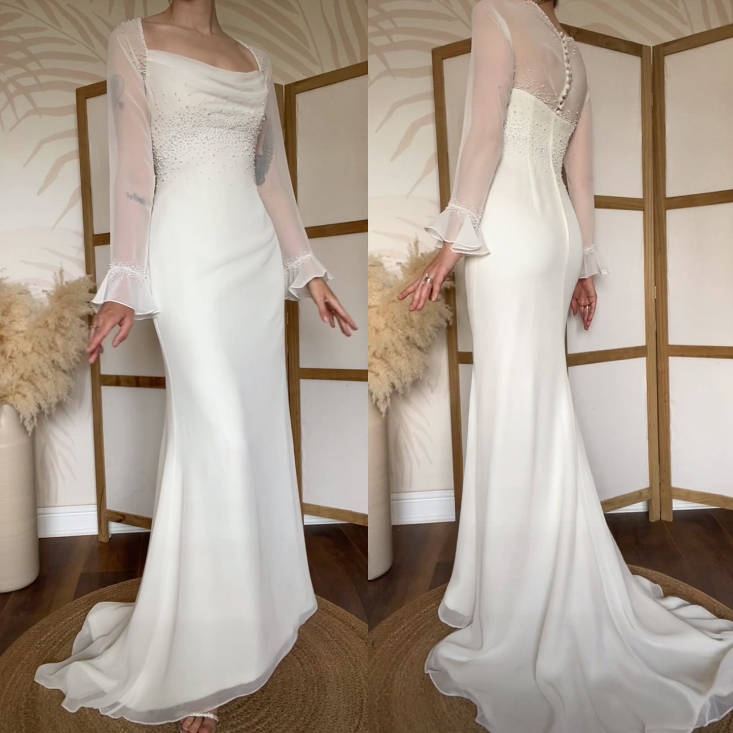D’zage ivory long sleeve pearl wedding dress uk 12-14