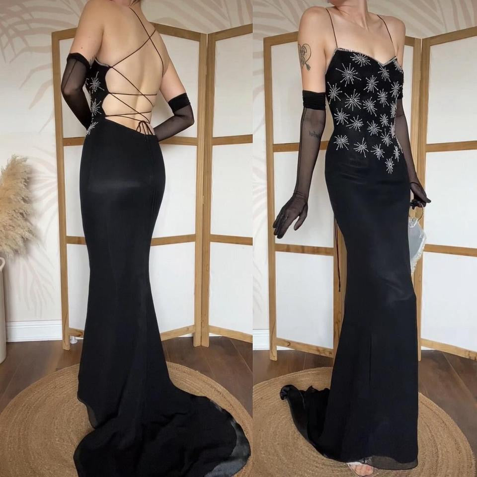 Black 100% silk beaded evening dress uk 10
