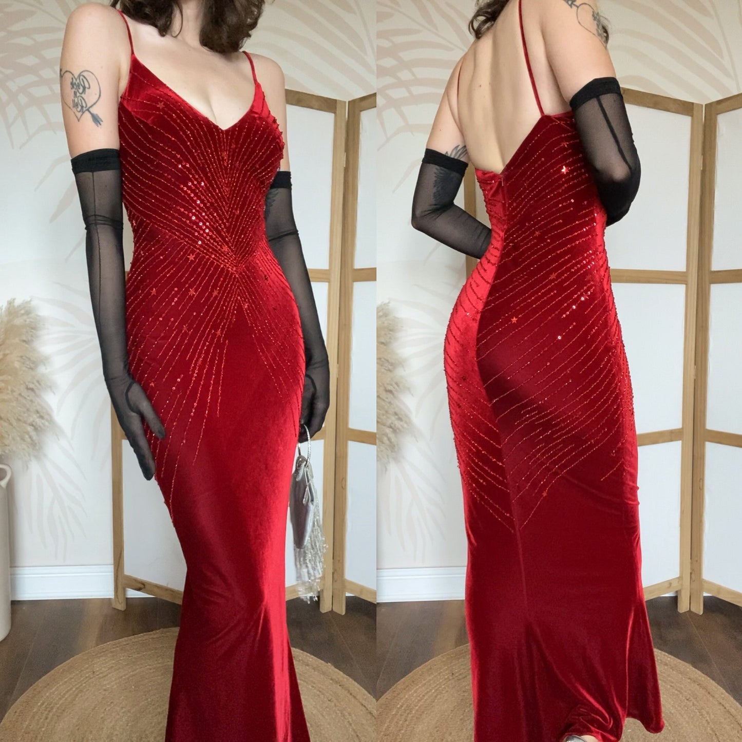 Red velvet stretch beaded party dress uk 10