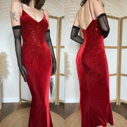 Red velvet stretch beaded party dress uk 10