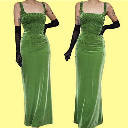 Frank Usher Silk Blend Green Velvet Evening Dress UK 12-14
