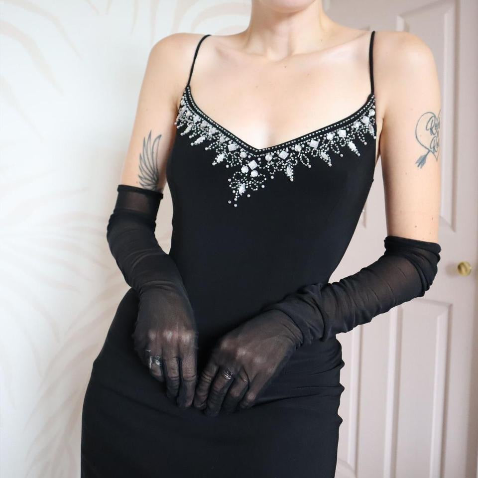 Black stretchy beaded & gem evening dress uk 12