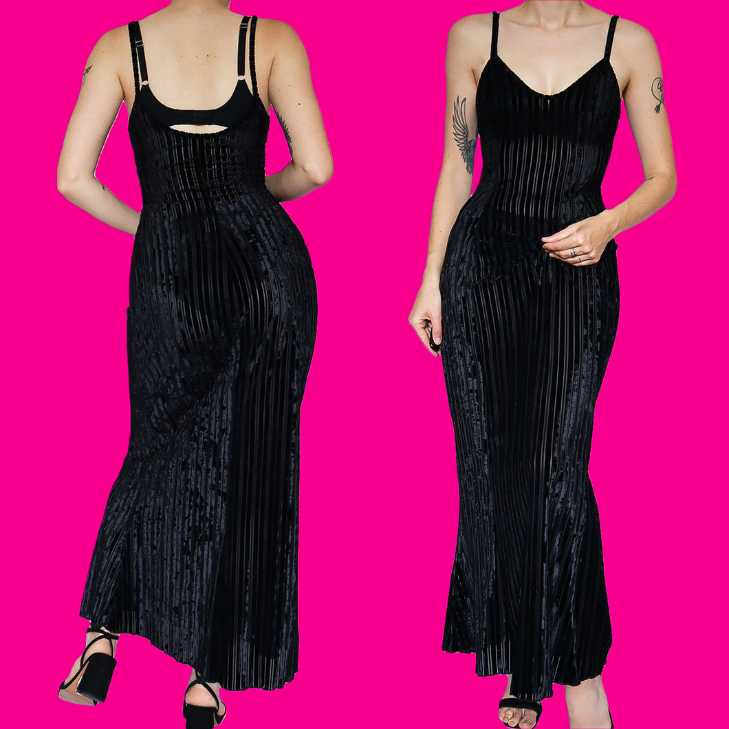 Shirley black velvet bodycon sheer maxi dress UK S