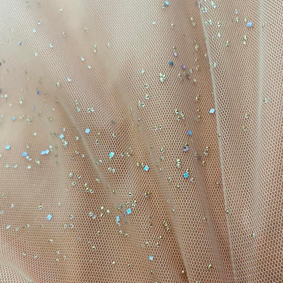 Light orange stretch glittery halter neck dress UK 14