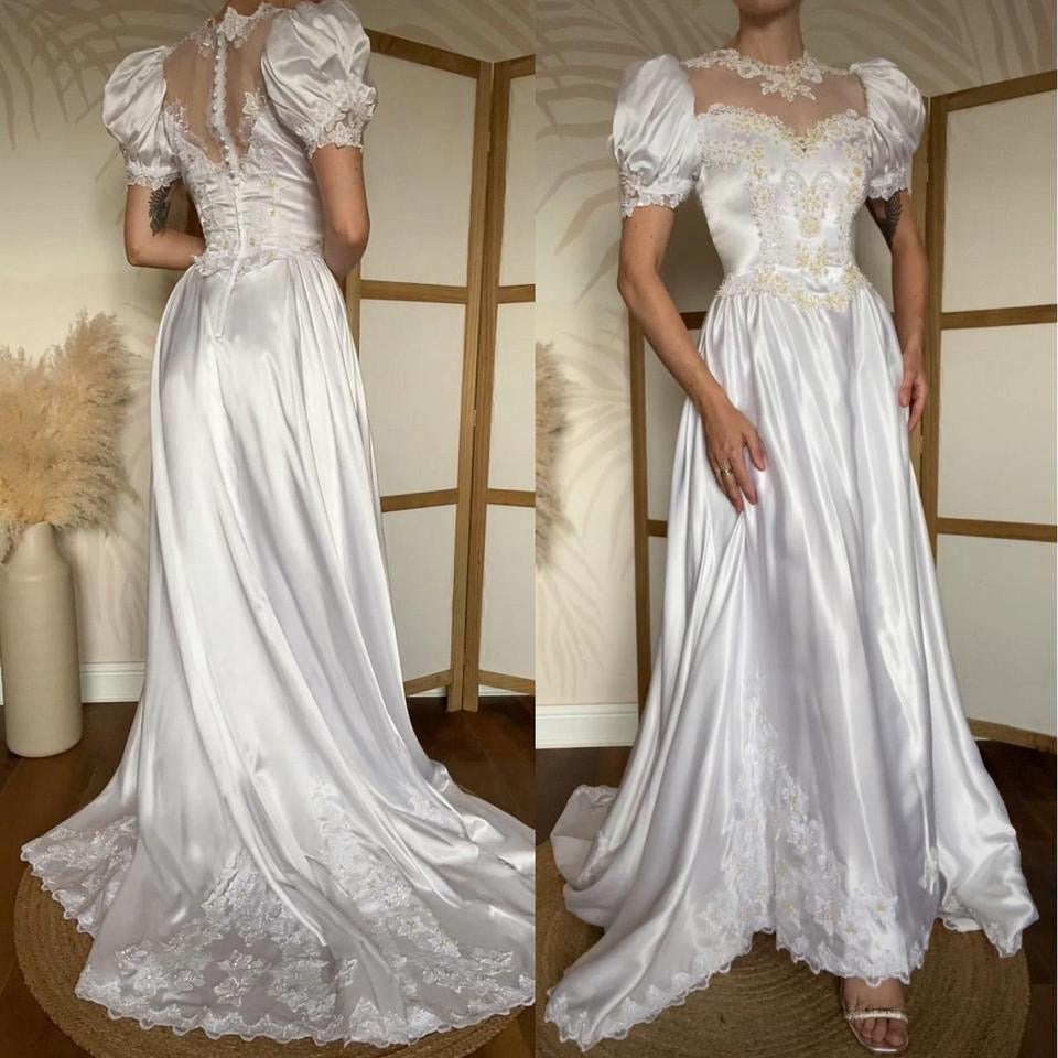 White 80s satin wedding dress uk 10-12