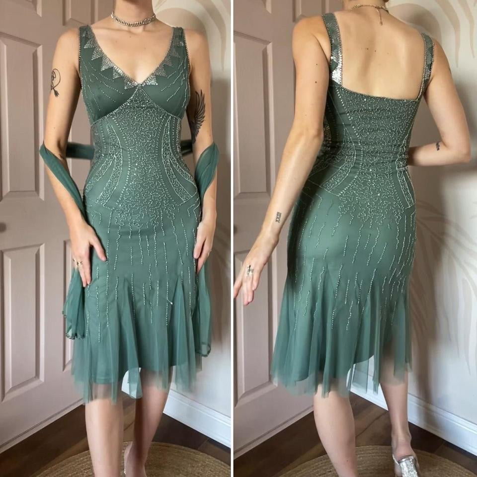 Dusky green beaded petite midi dress UK 14
