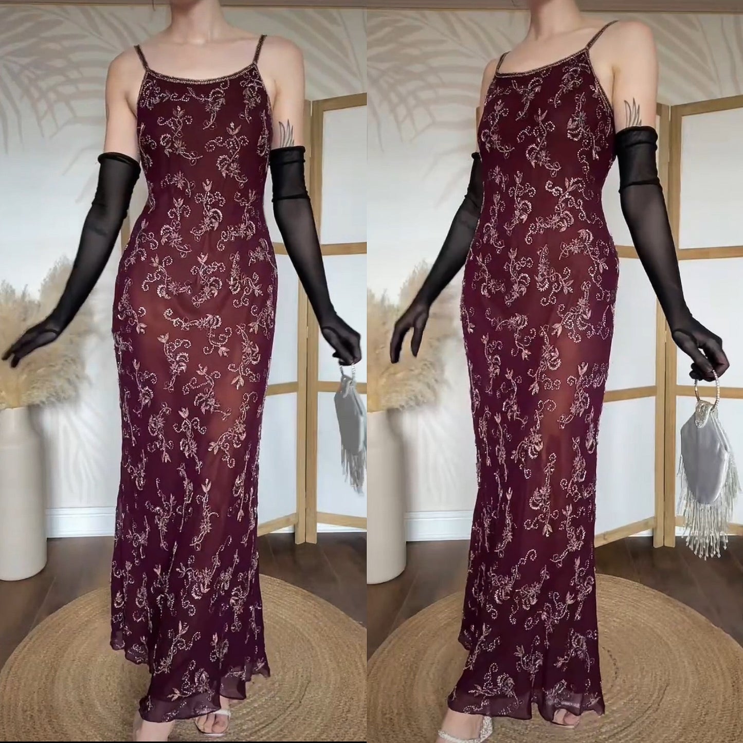 Purple Aftershock silk & bead evening dress uk 14