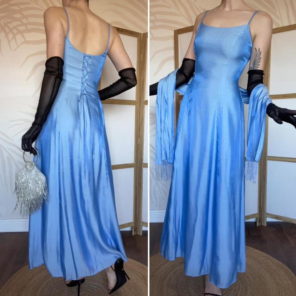 Debut ice blue a-line beaded dress & shawl UK 10