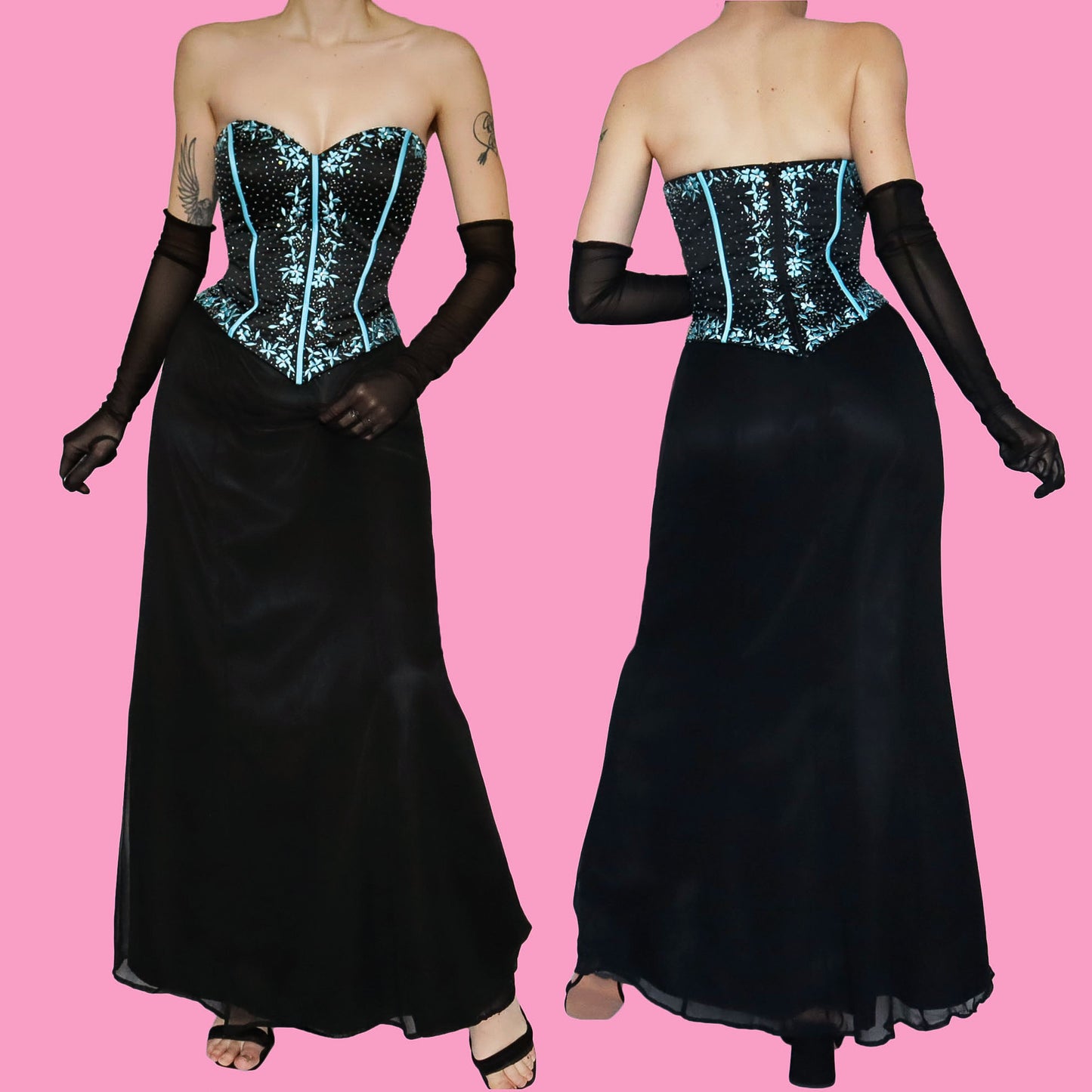 Black & blue corset silk evening gown UK 12