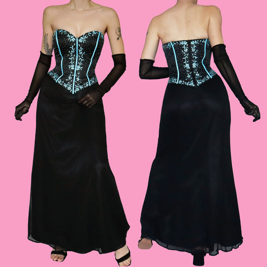 Black & blue corset silk evening gown UK 12