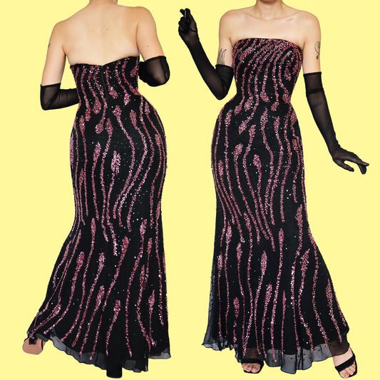 Black 100% silk pink sequin strapless dress UK 14
