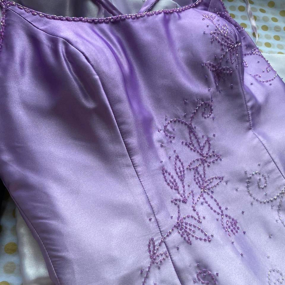 YVE London purple satin beaded fishtail evening gown UK 10