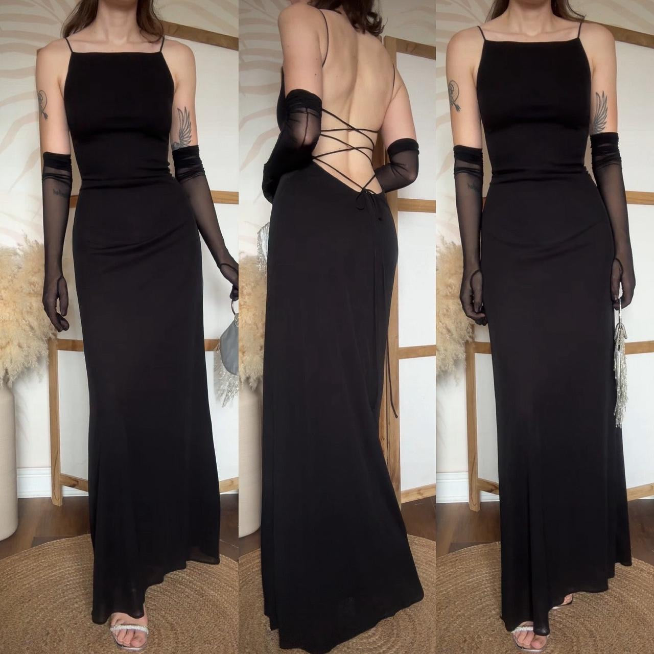 Black stretch 90s lace back evening dress uk 12