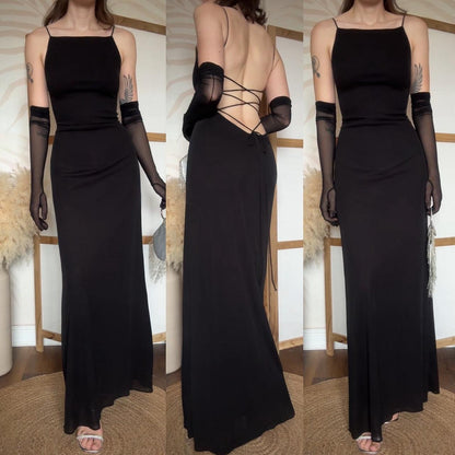 Black stretch 90s lace back evening dress uk 12
