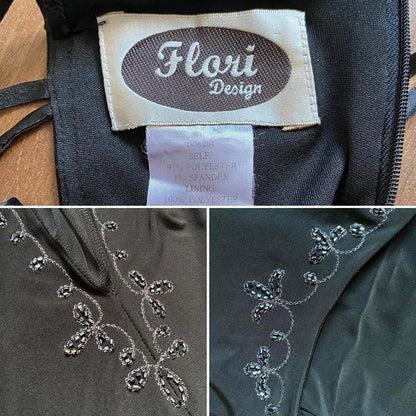 Flori black stretch flared hem evening dress UK 12-14