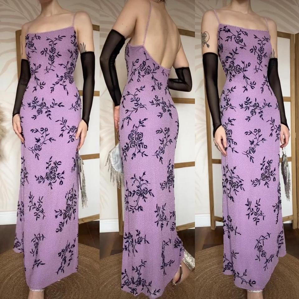 Purple silk beaded floral evening dress UK 14-16