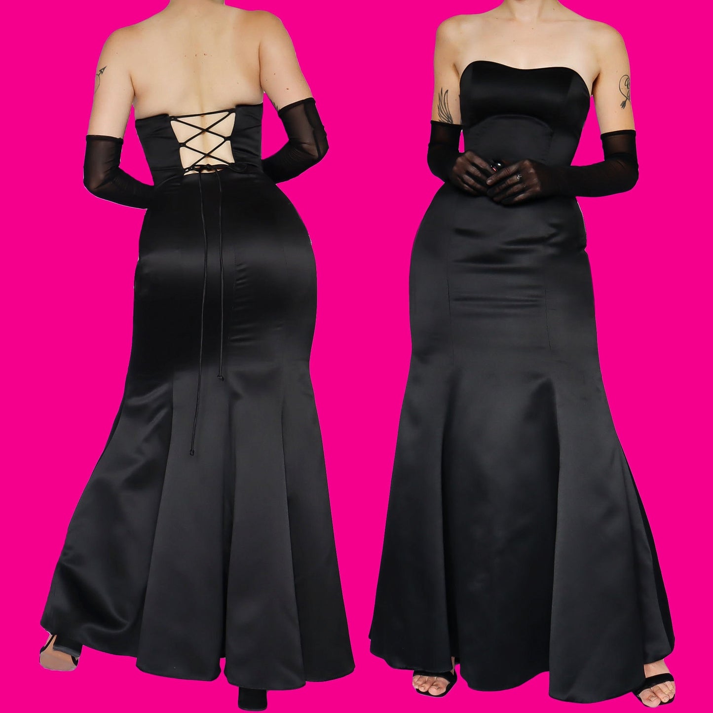 Black strapless lace up fishtail evening dress UK 6
