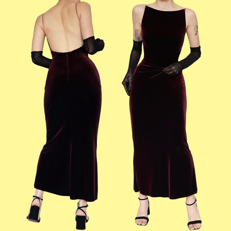 Petite burgundy velvet open back evening dress UK 10