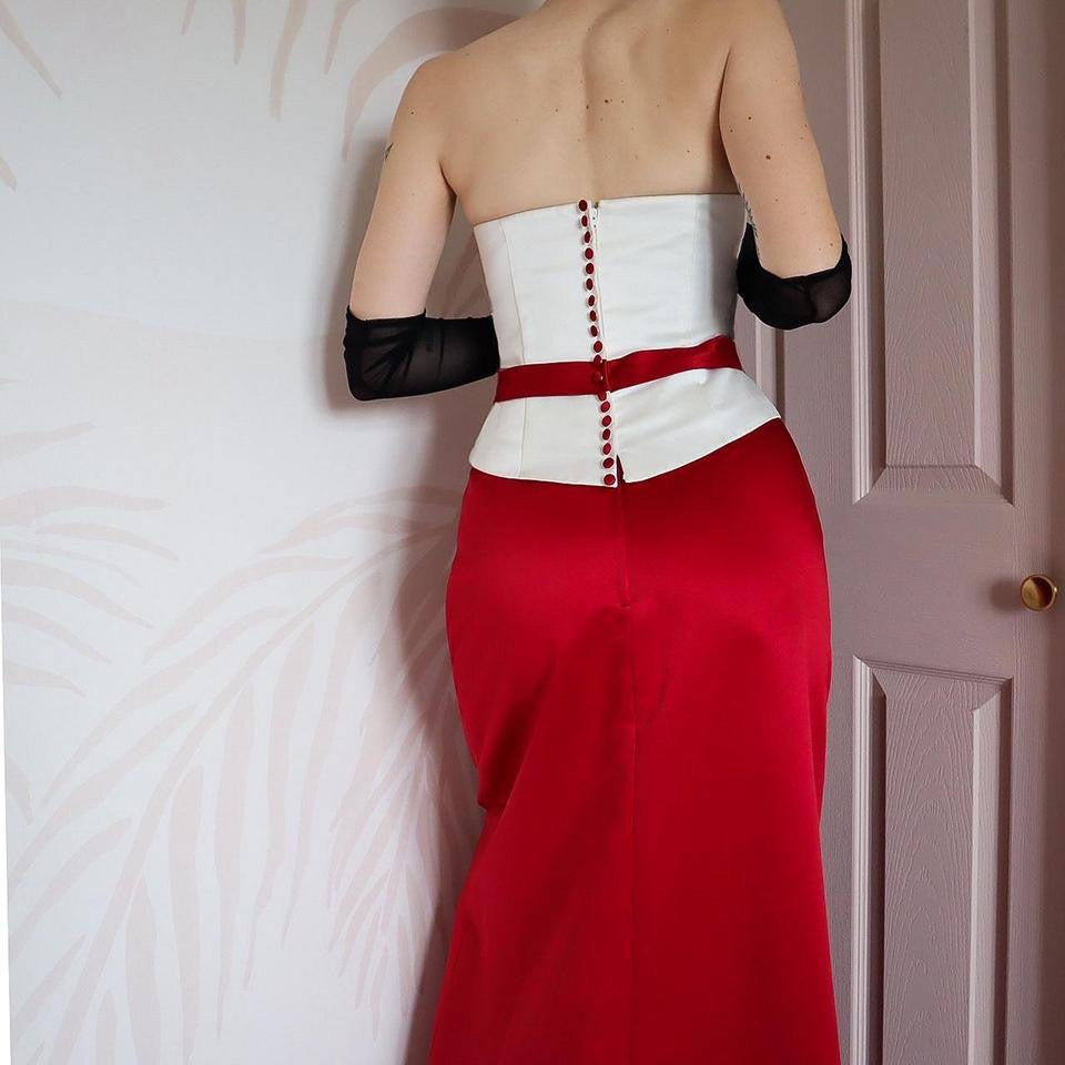 Red & white Hilary Morgan strapless evening gown UK 14