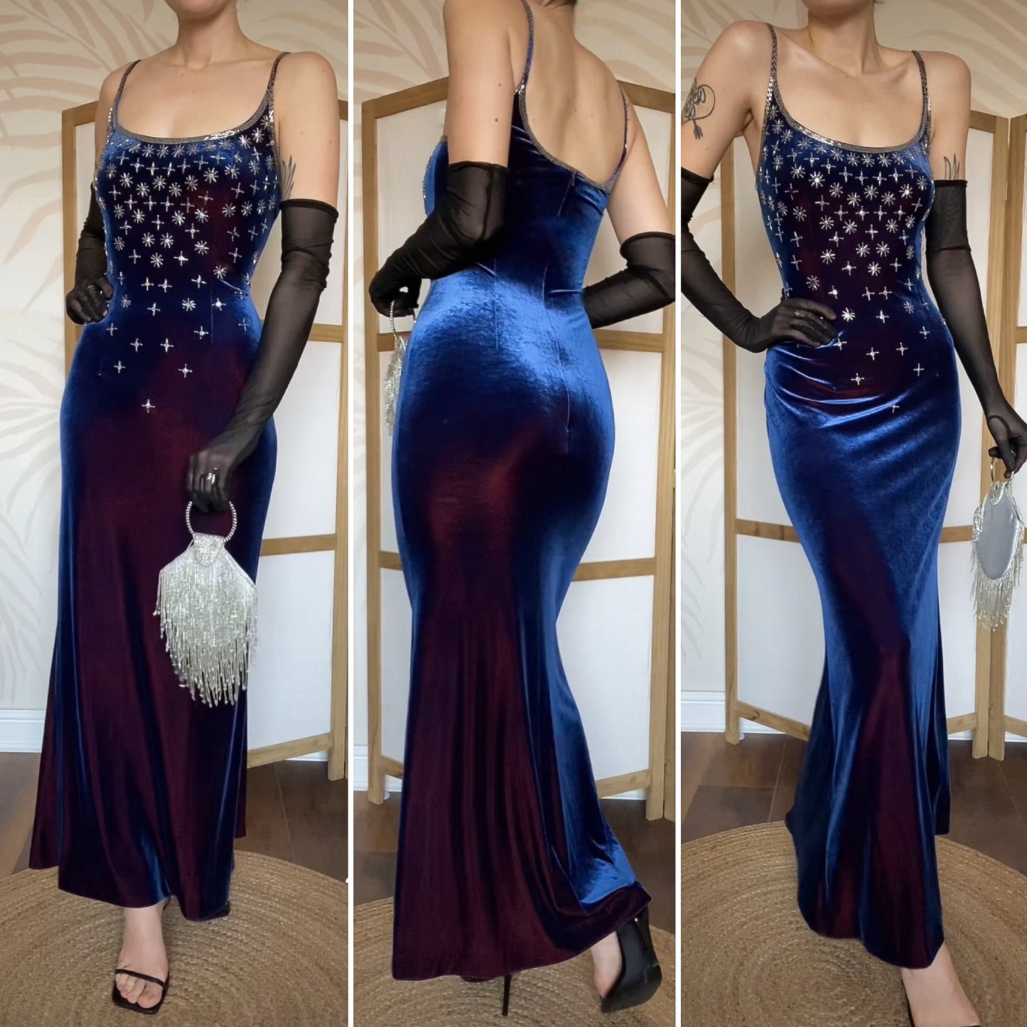 Frank Usher blue velvet stretch beaded evening dress UK 12